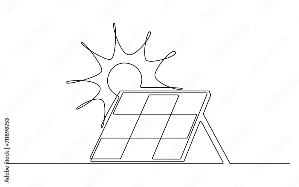 Sun and solar panel continuous one line icon drawing. Energy of sun with ecology power station vector illustration in doodle style. Contour line sign for innovation, environment, renewable Sun and solar panel continuous one line icon drawing. Energy of sun with ecology power station vector illustration in doodle style. Contour line sign for innovation, environment, renewable