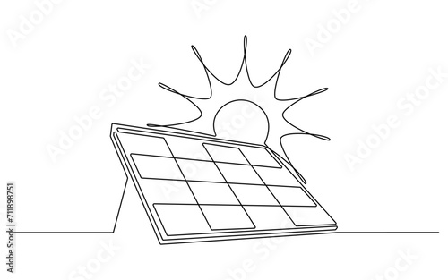 Sun and solar panel continuous one line icon drawing. Energy of sun with ecology power station vector illustration in doodle style. Contour line sign for innovation, environment, renewable