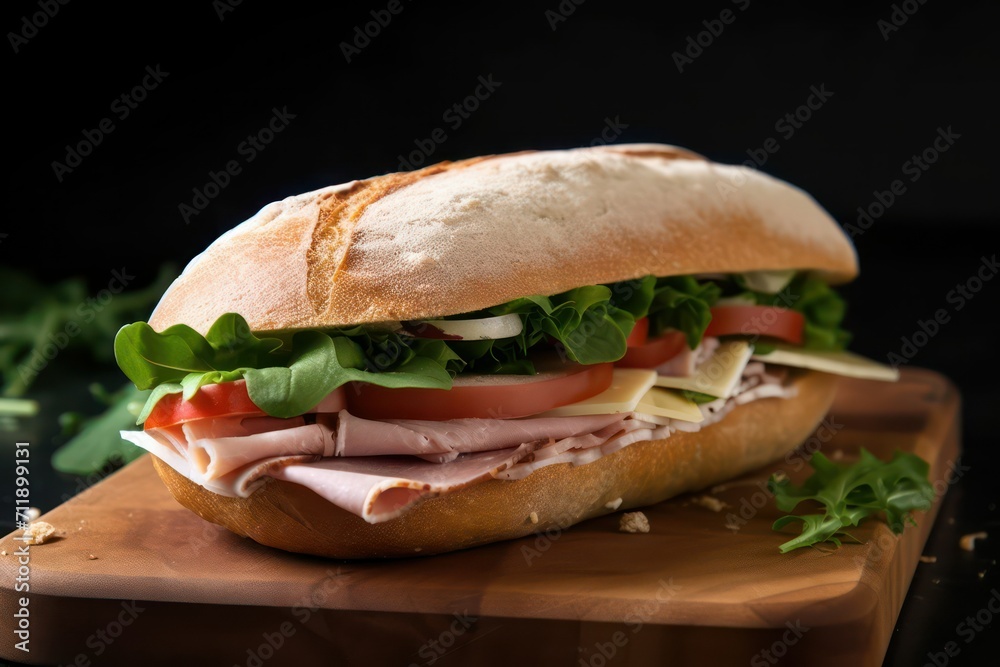 ham and cheese salad sandwich on a wood board