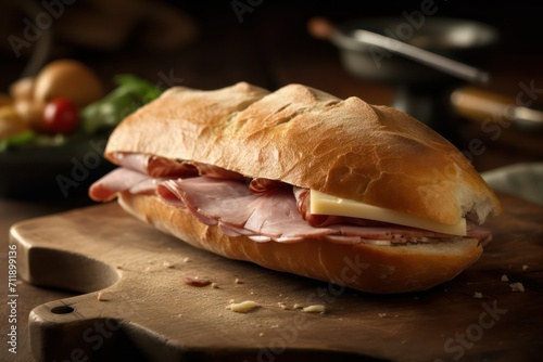 ham and cheese salad sandwich on a wood board photo