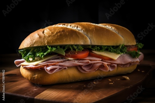 ham and cheese salad sandwich on a wood board