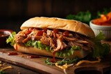 chicken sandwich on a wooden board, pork sandwich on a table