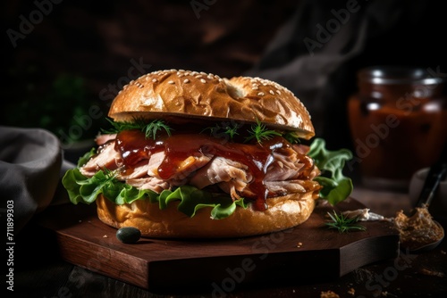 chicken sandwich on a wooden board  pork sandwich on a table