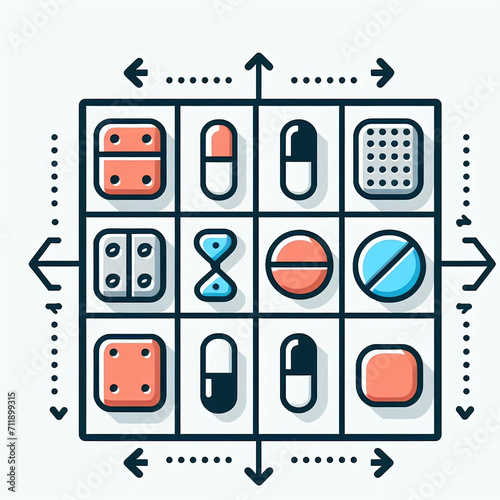 Graphic illustration of various pills and capsules in a tic-tac-toe grid pattern, with a modern, flat design
