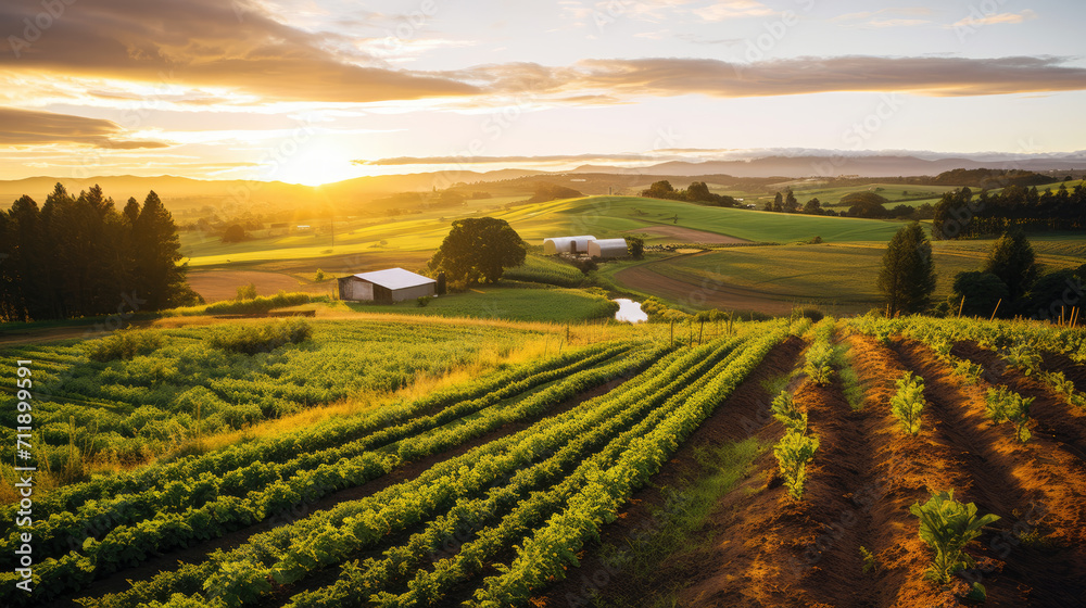 A serene rural landscape bathed in golden sunrise with lush green vineyards in the foreground and farm buildings in the distance.
