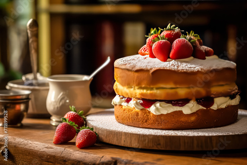 Indulge in the timeless charm of Victoria sponge cake  elegantly served on a wooden table. This classic treat captures the essence of sweet perfection.