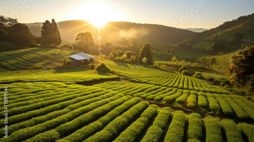 A serene rural landscape bathed in golden sunrise with lush green vineyards in the foreground and farm buildings in the distance.