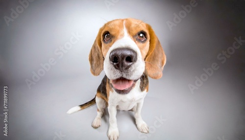 smiling beagle dog, fisheye lens, 16:9 widescreen background / wallpaper