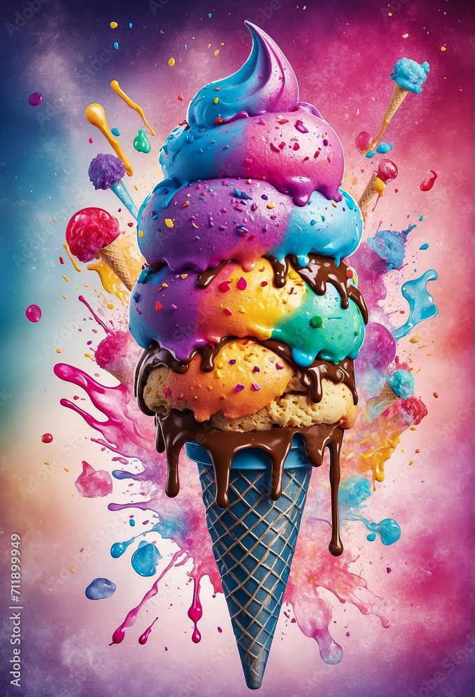 bright poster with delicious ice cream. waffle cone with colorful ice cream scoops