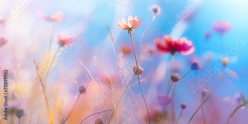 Golden hour glow  Dreamy daisies basking in soft sunlight amidst blue hues.