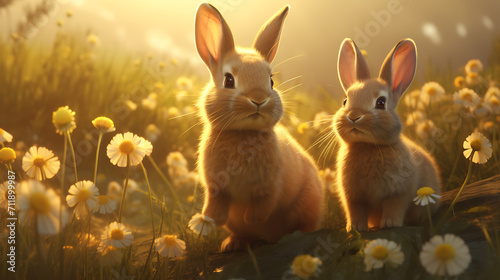  a family of Easter bunnies playing in a meadow adorned with blooming flowers, offering a heartwarming and realistic wallpaper capturing the essence of the season in HD