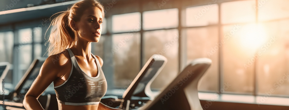 Dedicated Athlete Woman on a Morning Run. With focus and determination, a runner uses the treadmill at dawn, the golden sunlight streaming through, discipline and commitment to fitness. Panorama.