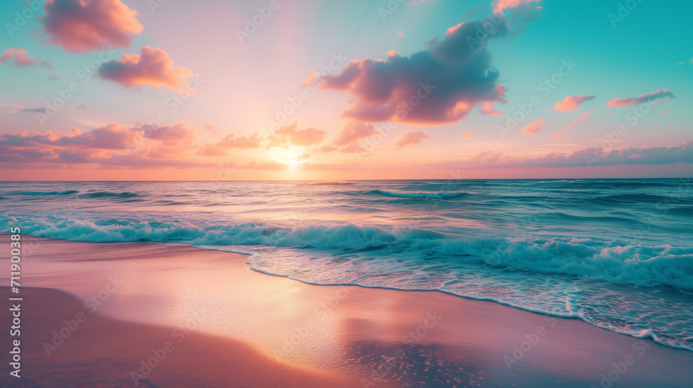 Beautiful sunset over a sandy beach and ocean, in the style of light teal and light magenta, spectacular backdrops. - obrazy, fototapety, plakaty 