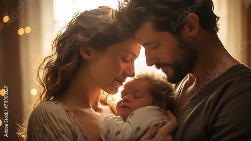 A mother and father embracing their baby in a sunlit bedroom, expressing love and warmth in a candid and realistic HD photograph