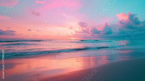 Beautiful sunset over a sandy beach and ocean, in the style of light teal and light magenta, spectacular backdrops.