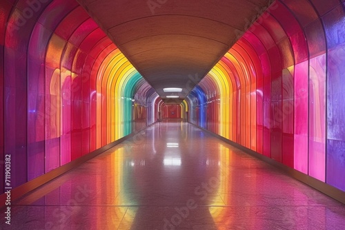 colorful lights from both sides meeting at the middle in dark, The light art within this rainbow tunnel offers an indoor kaleidoscope, modern design meeting immersive experience..