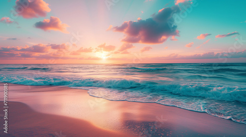Beautiful sunset over a sandy beach and ocean  in the style of light teal and light magenta  spectacular backdrops.