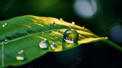 macro photography of a water drop on a leaf, copy space, 16:9