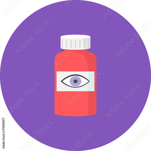 Red eye drops bottle with eye symbol on label, healthcare concept, simple flat design. Eye care, vision improvement, ophthalmic drops vector illustration.