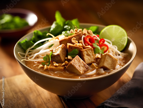 Peanut Tofu Bowls on wooden background photo