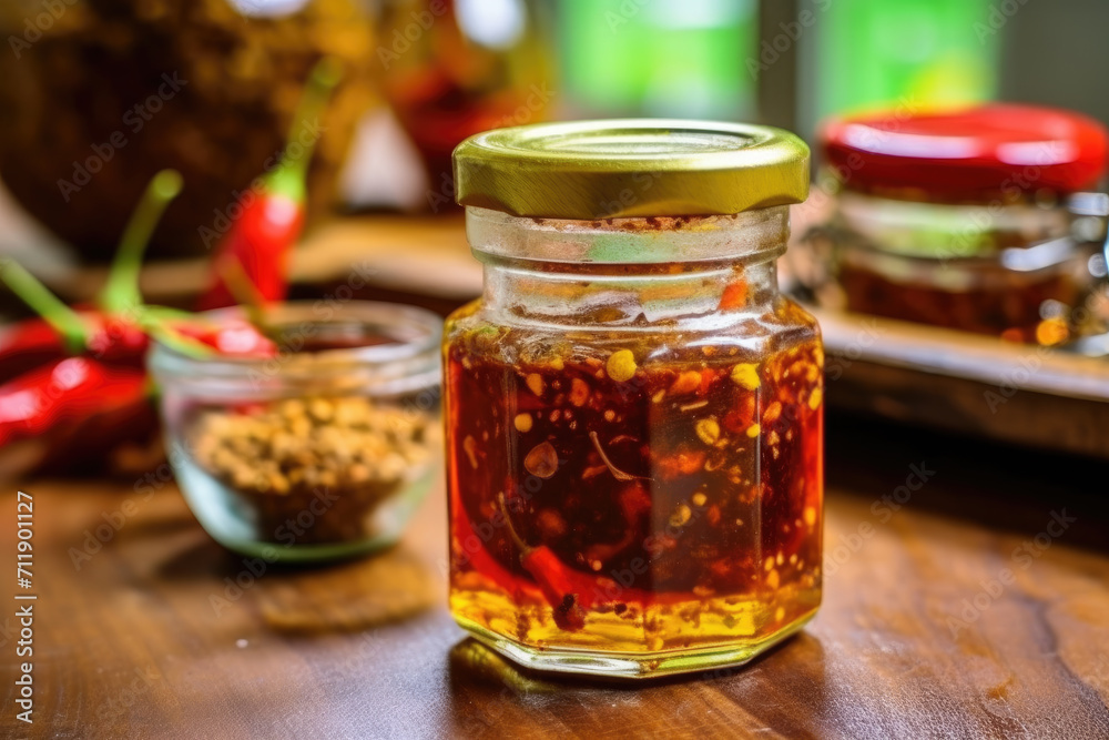 Chili oil in jar on the kitchen. Chili oil in jar on the kitchen.