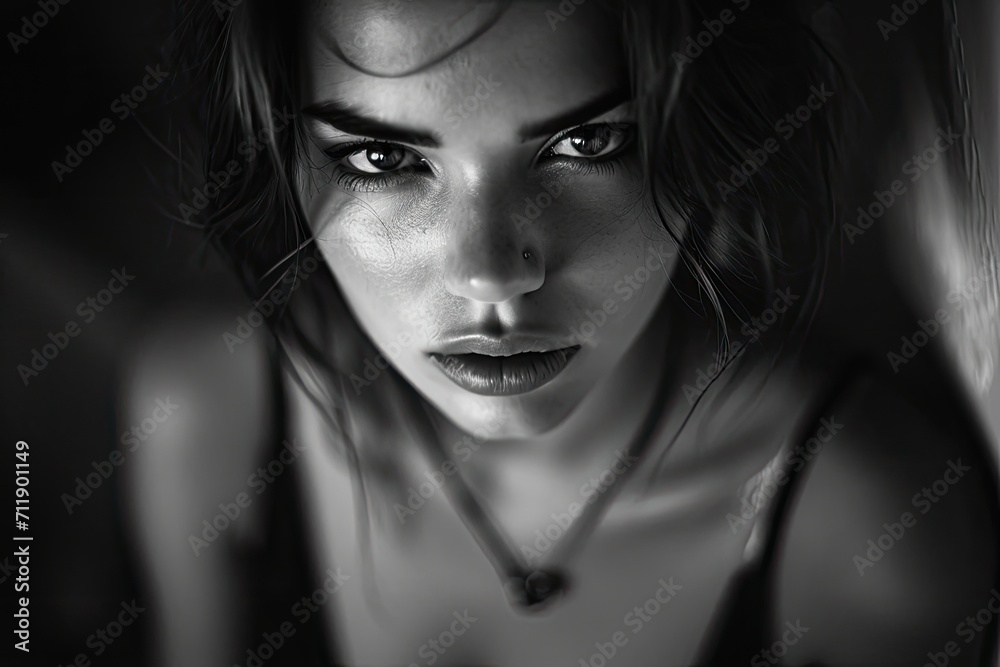 A striking portrait of a fashion model, with long hair cascading over her face and delicate eyelashes framing piercing eyes, capturing the essence of beauty and grace in one captivating shot A striking portrait of a fashion model, with long hair cascading over her face and delicate eyelashes framing piercing eyes, capturing the essence of beauty and grace in one captivating shot