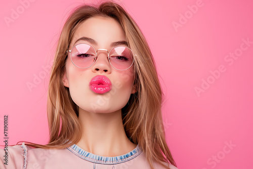 Photo of a pretty brunette girl with make up  pink lipstick  on a pink background
