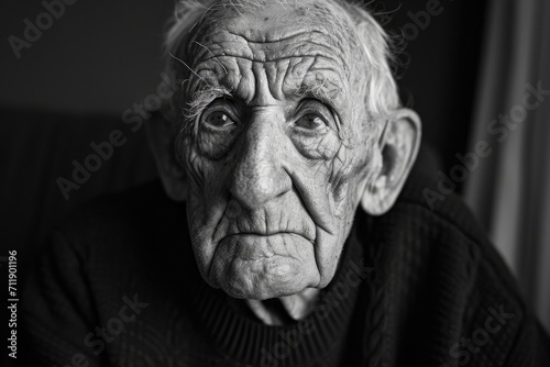 An aged man's face tells a story of a life well-lived, with each wrinkle and crease representing the wisdom and experience he carries, captured in a monochromatic portrait