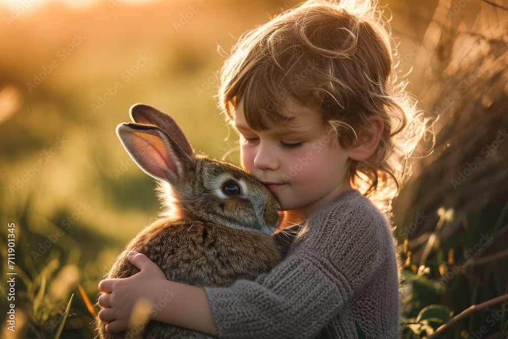 A curious toddler embraces the softness of a domestic rabbit in a lush field, a moment of innocent joy captured in the warm embrace of nature