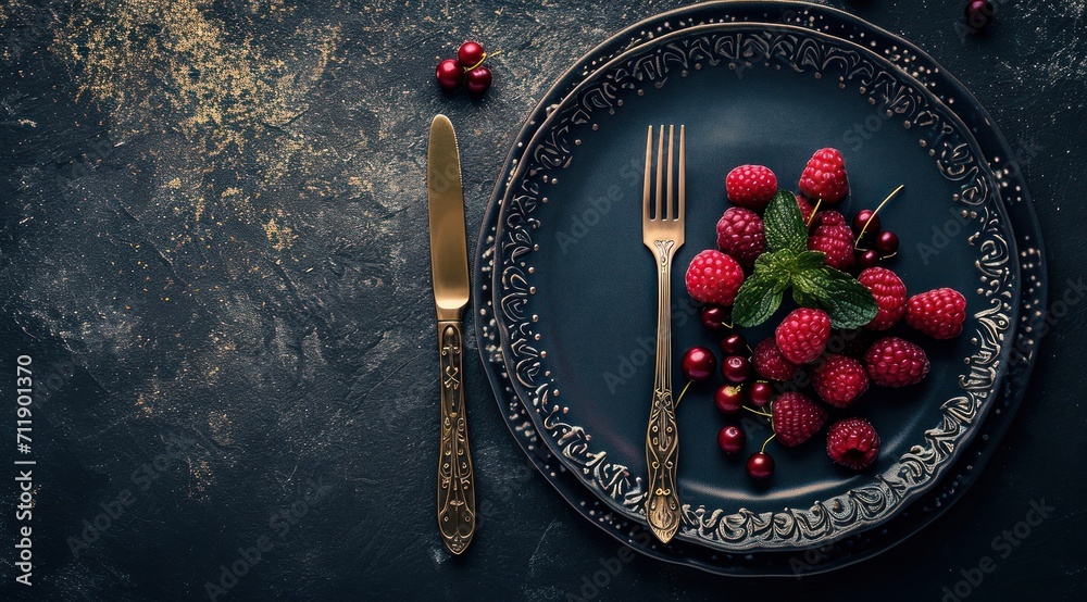 Une assiette avec couteau et fourchette avec des fruits rouges sur un ...