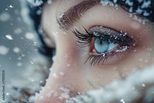 A winter wonderland captured in one glance, as delicate snowflakes rest upon extended lashes, framing a mesmerizing eye with intricate extensions and adorned with frosty hues of eye shadow and mascar photo