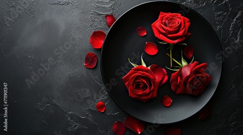 Fête de la Saint-Valentin, une assiette avec des roses rouges sur un fond noir en ardoise, image avec espace pour texte