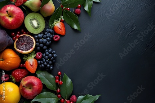 Assortiment de fruits sur un fond noir en ardoise, image avec espace pour texte photo