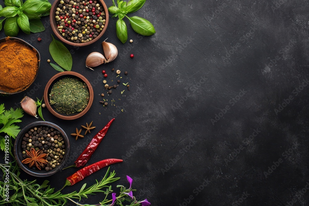 custom made wallpaper toronto digitalAssortiment d'épices sur un fond noir en ardoise, image avec espace pour texte