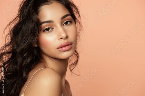 Beautiful Indian woman with peach lips and eye shadow on the peach background with copy space