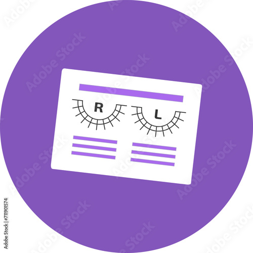 Optometry test card with eye chart. Purple circle background with vision examination tool. Ophthalmology, vision check and eye care concept vector illustration.