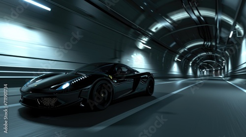 Fast luxury expensive supercar on the roads of a night urban, futuristic car of the future, filming in motion © Gizmo