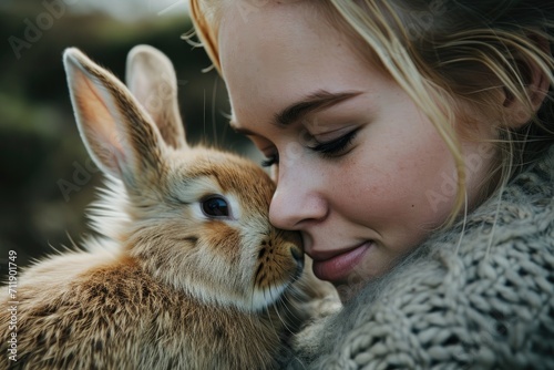 A young woman gazes lovingly at her domestic rabbit, their bond evident in the soft fur of the bunny's head against the woman's human face in the peaceful outdoor setting © AiAgency