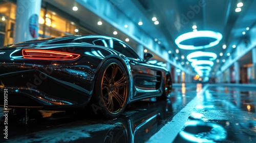Fast luxury expensive supercar on the roads of a night urban, futuristic car of the future, filming in motion