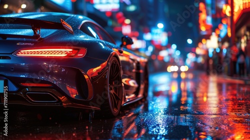 Fast luxury expensive supercar on the roads of a night urban, futuristic car of the future, filming in motion photo