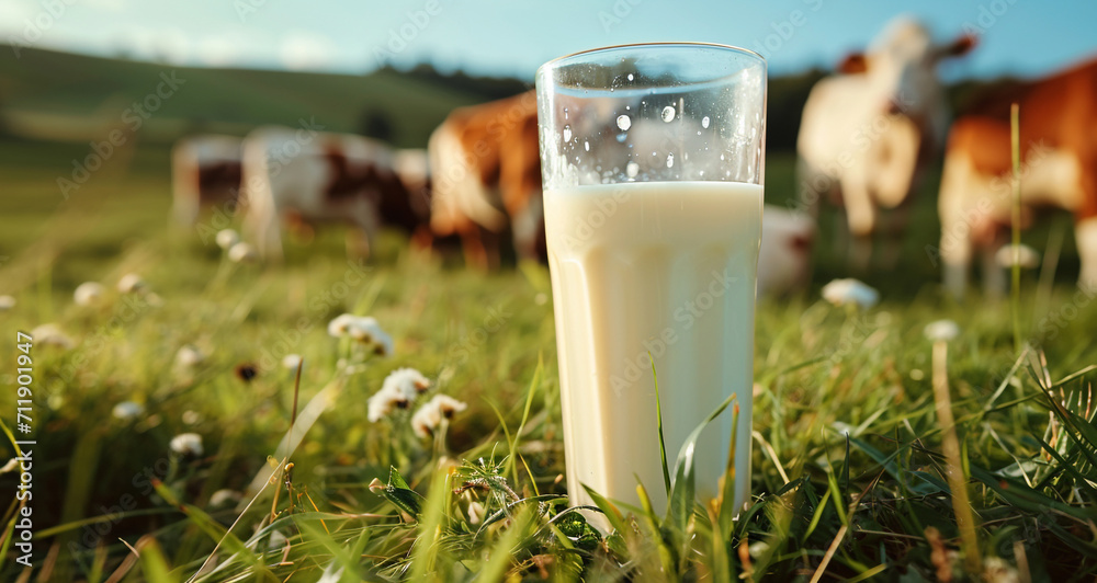 Fresh glass of milk in the meadow with cows grazing in background on sunny day. Organic food Concept. Fresh glass of milk in the meadow with cows grazing in background on sunny day. Organic food Concept.