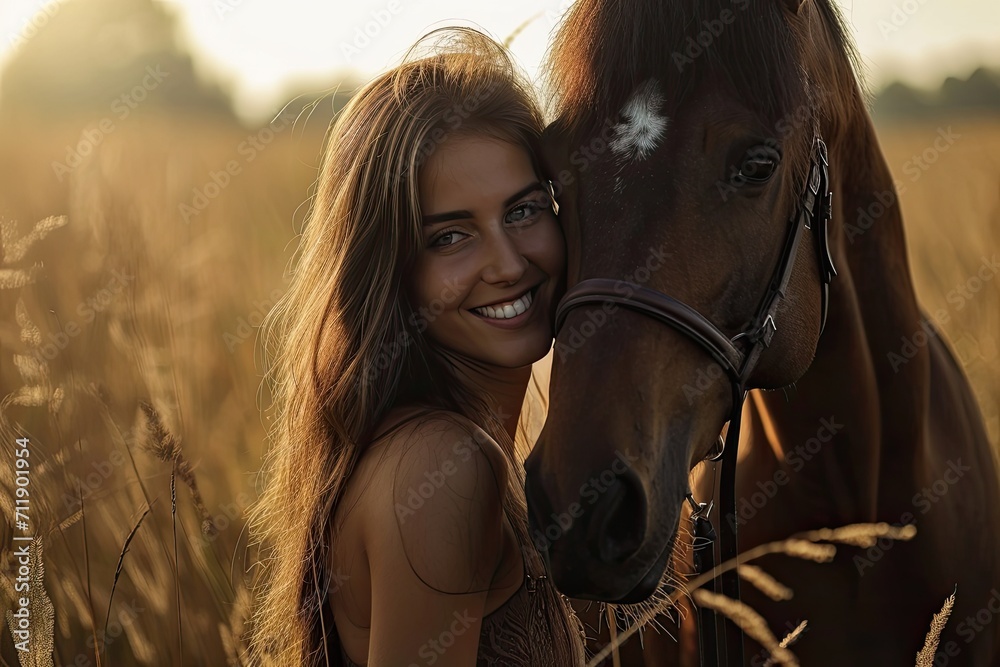 Obraz premium A woman's infectious smile illuminates the outdoor scene as she stands gracefully in a field of lush green grass, accompanied by a majestic brown horse
