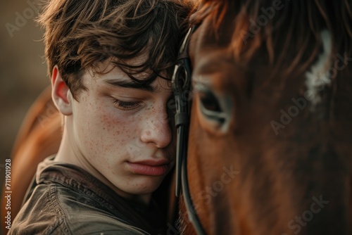 A rugged man with a sprinkling of freckles on his skin gazes into the distance while standing next to his trusty brown horse, their close bond evident in their portrait as they both bask in the warmt photo