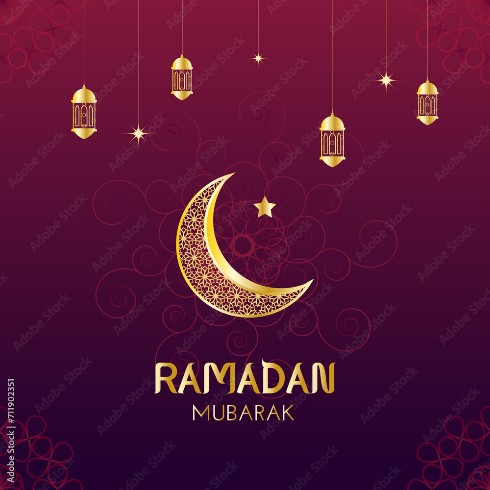Naklejka premium Crescent Islamic with Lanterns and stars for Ramadan Kareem. Ramadan Mubarak, Eid Mubarak. Golden Half Moon, Lamp. vector illustration design