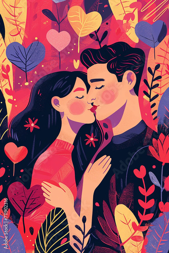 Colorful Illustration of Valentine s Day Theme with Heart Motifs and Love Elements