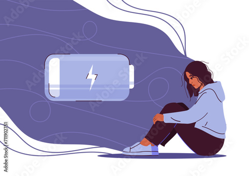 Woman in apathy concept. Young girl with low battery charge. Frustration and depression, loneliness. Mental issues and problems. Cartoon flat vector illustration isolated on white background