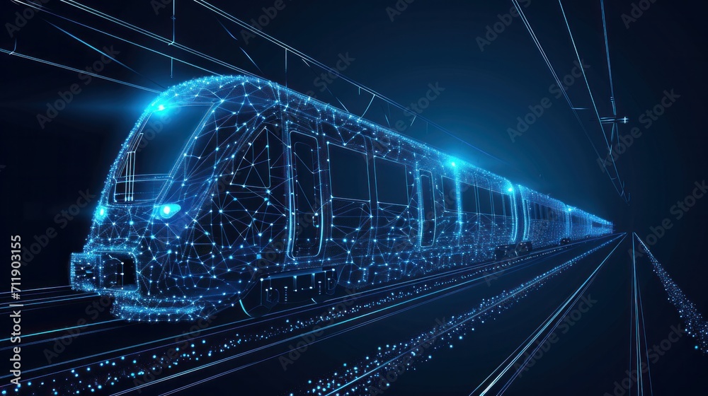 Abstract polygonal 3d wireframe of modern train at railway station or metro. Digital vector mesh looks like starry sky. Rapid transit system, transportation, railway logistics concept in dark blue - obrazy, fototapety, plakaty 
