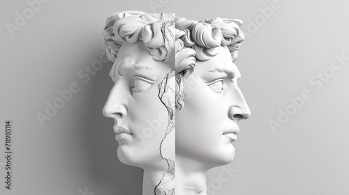 Abstract illustration from 3D rendering of white marble bust of male classical sculpture head cross cut divided and isolated on grey background