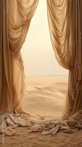 White tent entrance in the middle of the vast expanse of the desert. Tent entrance curtains surrounded by a sea of golden sand in a peaceful setting in the heart of the arid region.