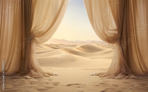 White tent entrance in the middle of the vast expanse of the desert. Tent entrance curtains surrounded by a sea of golden sand in a peaceful setting in the heart of the arid region. photo